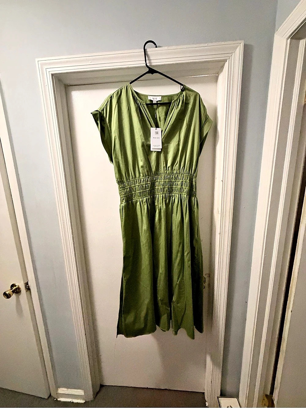 Reiss Cenia Ruched Waist Midi Dress Green Small